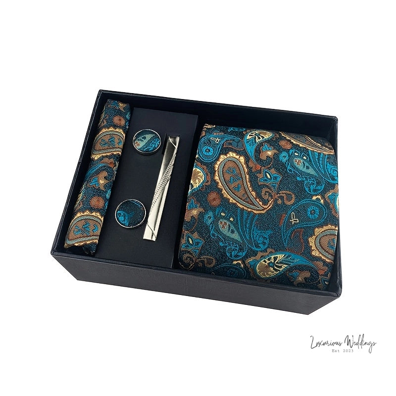 Men's Paisley Tie Gift Set - 5 Pc with Cufflinks & Scarf Tie Set Luxurious Weddings