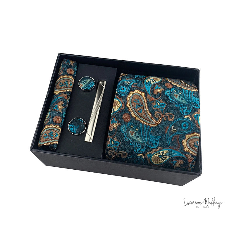 Men's Paisley Tie Gift Set - 5 Pc with Cufflinks & Scarf Tie Set Luxurious Weddings