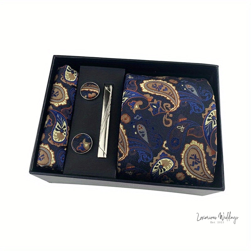 Men's Paisley Tie Gift Set - 5 Pc with Cufflinks & Scarf Tie Set Luxurious Weddings