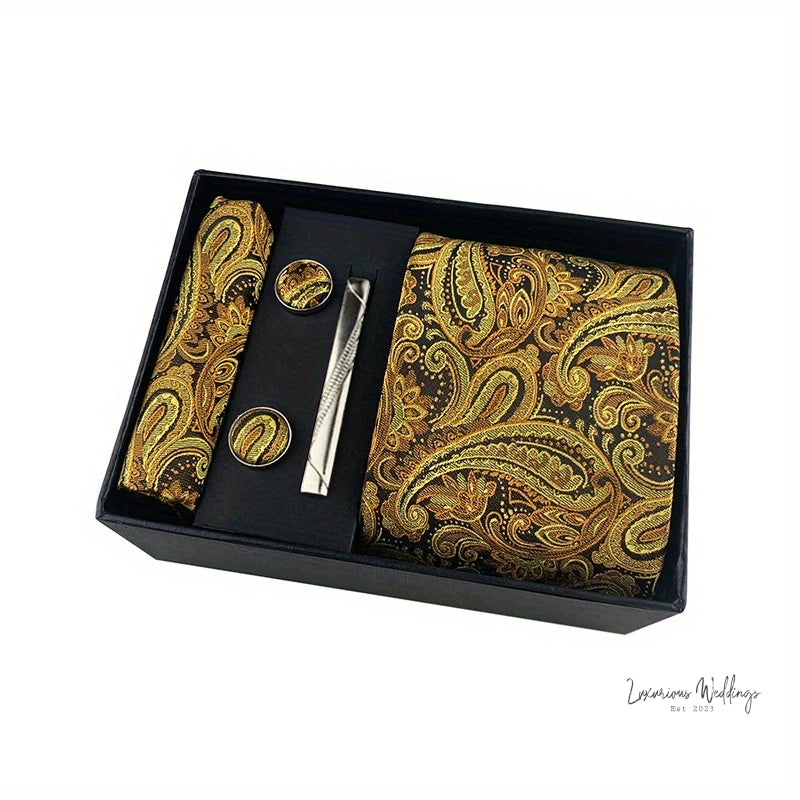 Men's Paisley Tie Gift Set - 5 Pc with Cufflinks & Scarf Tie Set Luxurious Weddings