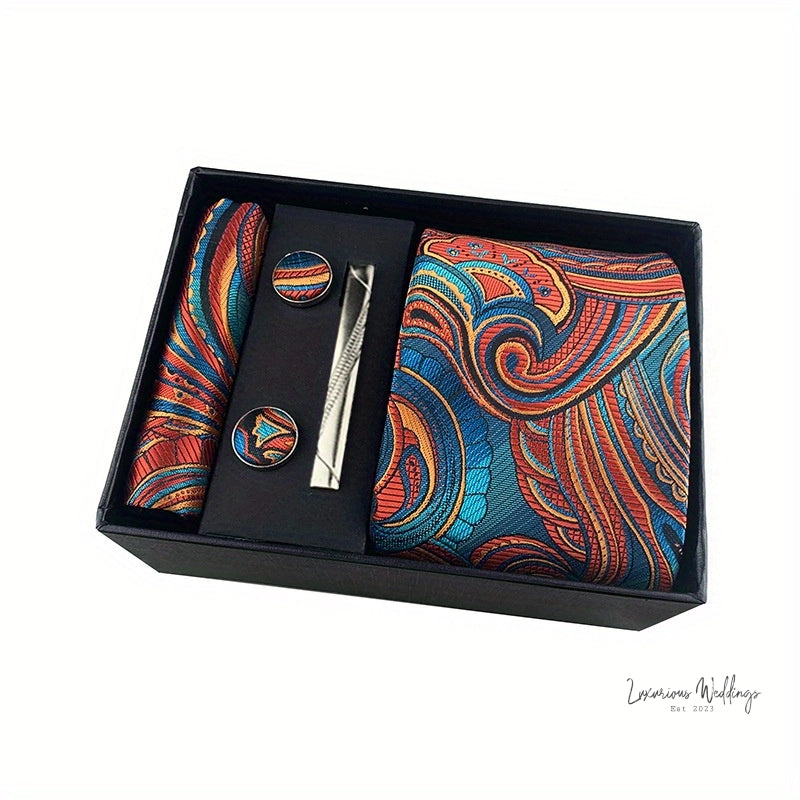 Men's Paisley Tie Gift Set - 5 Pc with Cufflinks & Scarf Tie Set Luxurious Weddings