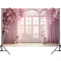 a pink room with curtains and a window