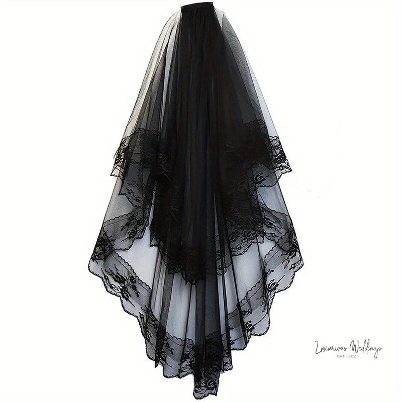Black Bridal Wedding Veil - Floral Edge, Cathedral Length with Comb Veil Luxurious Weddings
