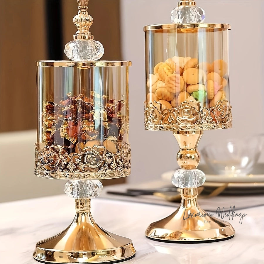 Light Luxury Glass Storage Jar - Golden Crystal with Lid centerpieces Luxurious Weddings