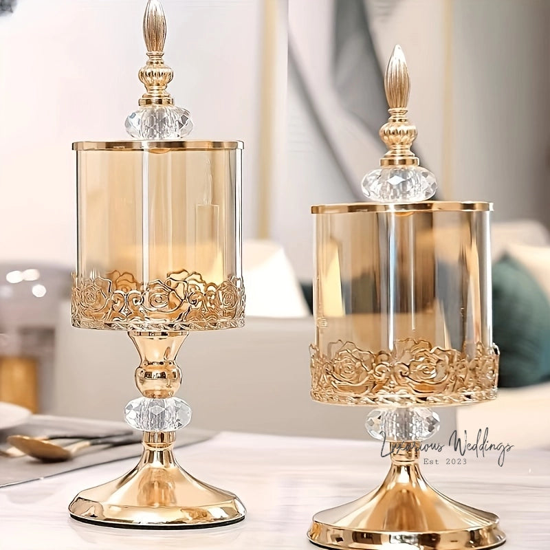 Light Luxury Glass Storage Jar - Golden Crystal with Lid centerpieces Luxurious Weddings
