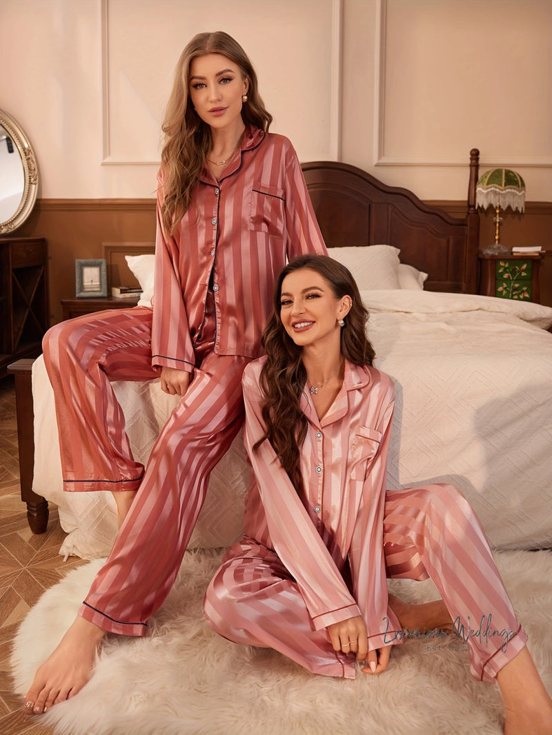 Striped Satin Pajama Set - 2 Sets, Elegant #TeamBride Design Sleepwear Luxurious Weddings