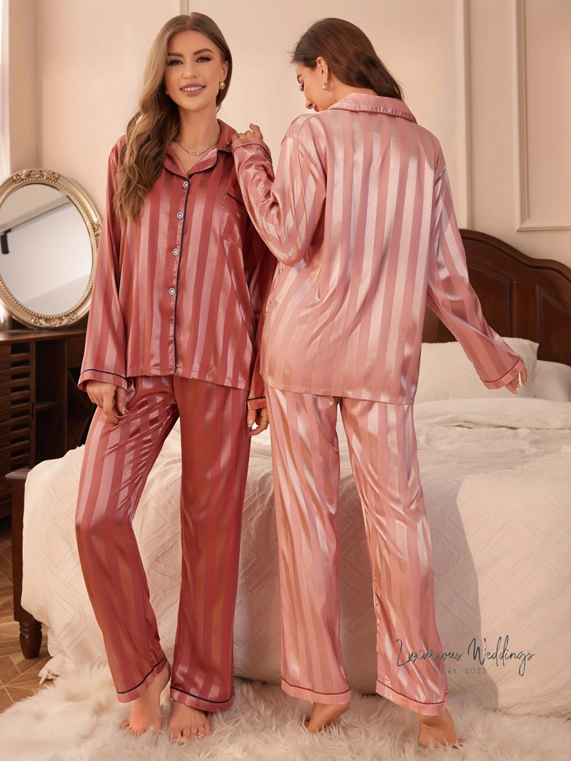 Striped Satin Pajama Set - 2 Sets, Elegant #TeamBride Design Sleepwear Luxurious Weddings