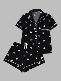 Adorable Women's Cherry Print Pajama Set | Black sleepwear Luxurious Weddings