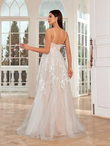 Embroidery Lace Splicing Mesh Contrast Color Swing Dress With Spaghetti Straps Wedding Dresses Luxurious Weddings