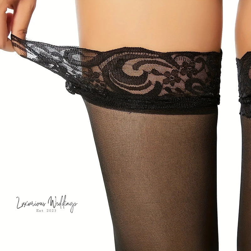 a woman in black stockings and stockings with black lace