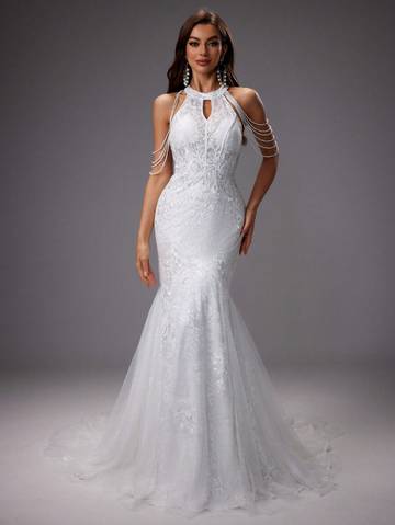 Embroidered Floral Cut-Out Shoulder Formal Dress, Wedding Dresses Luxurious Weddings