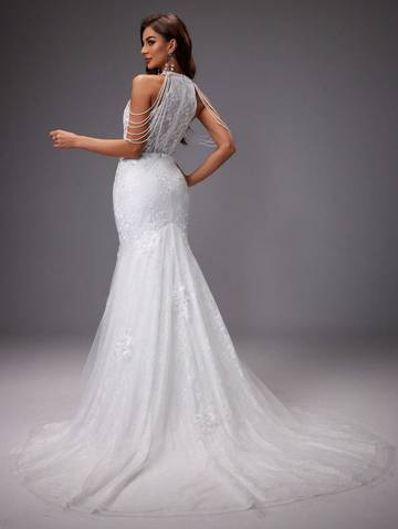 Embroidered Floral Cut-Out Shoulder Formal Dress, Wedding Dresses Luxurious Weddings