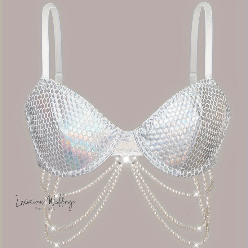 Shiny Geo Pattern Bra with Faux Pearl Chain Sequin bra Luxurious Weddings
