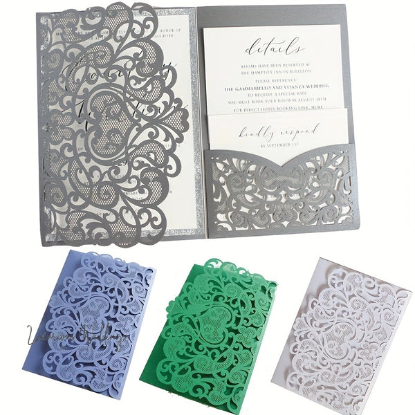 a set of three laser cut wedding cards