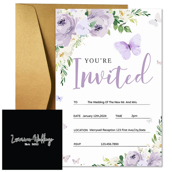 a purple and white floral wedding card with a gold envelope