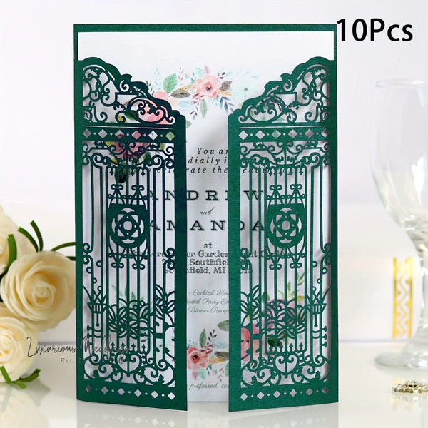 a green laser cut wedding card with flowers
