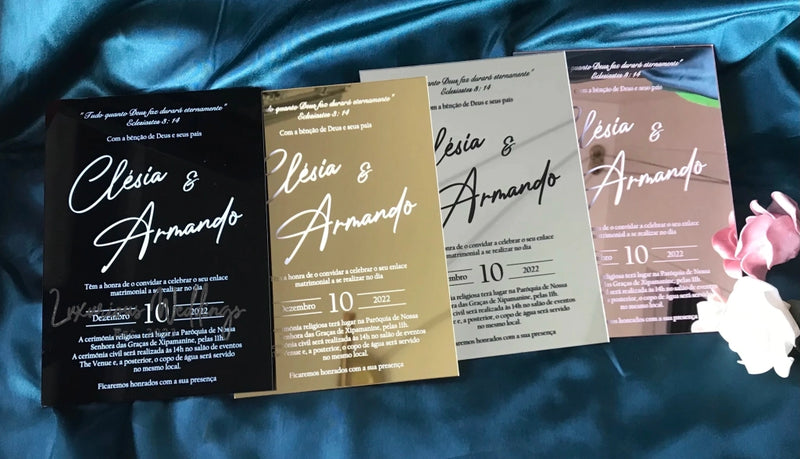 Custom Acrylic Wedding Invitation Set - Mirror Gold, Silver, Rose Gold - 10pcs Invitations Luxurious Weddings