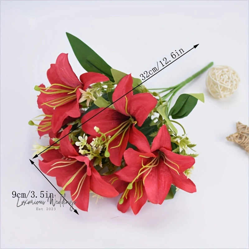 a bouquet of red flowers sitting on top of a white table