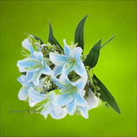 a bouquet of white and blue flowers on a green background