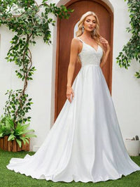 Satin Spaghetti Strap V-Neck Romantic Floral Floor-Length Bridal Gown
