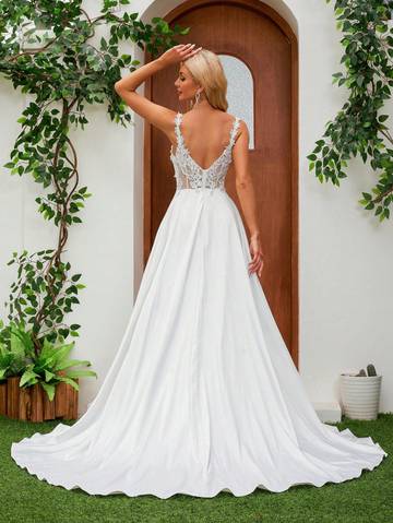 Satin Spaghetti Strap V-Neck Romantic Floral Floor-Length Bridal Gown