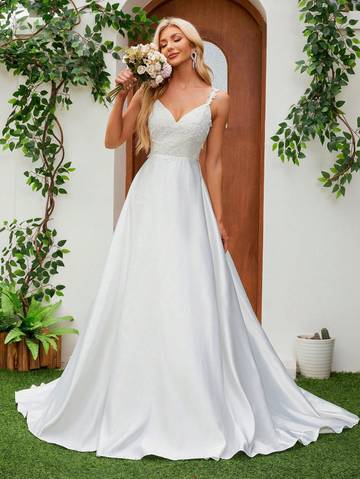 Satin Spaghetti Strap V-Neck Romantic Floral Floor-Length Bridal Gown