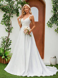 Satin Spaghetti Strap V-Neck Romantic Floral Floor-Length Bridal Gown