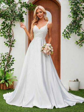 Satin Spaghetti Strap V-Neck Romantic Floral Floor-Length Bridal Gown