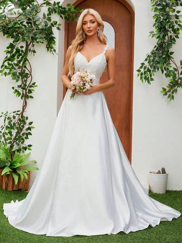 Satin Spaghetti Strap V-Neck Romantic Floral Floor-Length Bridal Gown