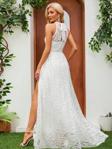 Sleeveless Halter Neckline Lace Wedding Dress With Waist Belt And High Slit