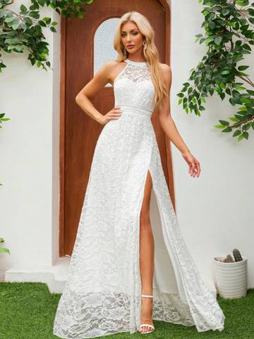 Sleeveless Halter Neckline Lace Wedding Dress With Waist Belt And High Slit Wedding Dresses Luxurious Weddings