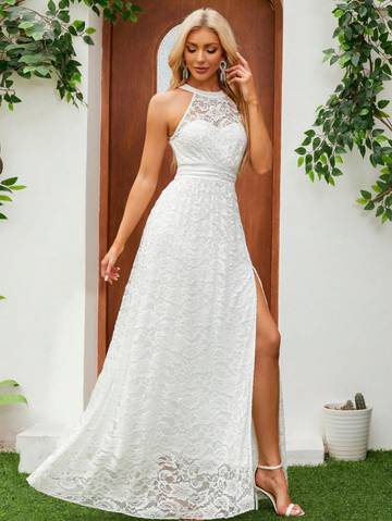 Sleeveless Halter Neckline Lace Wedding Dress With Waist Belt And High Slit