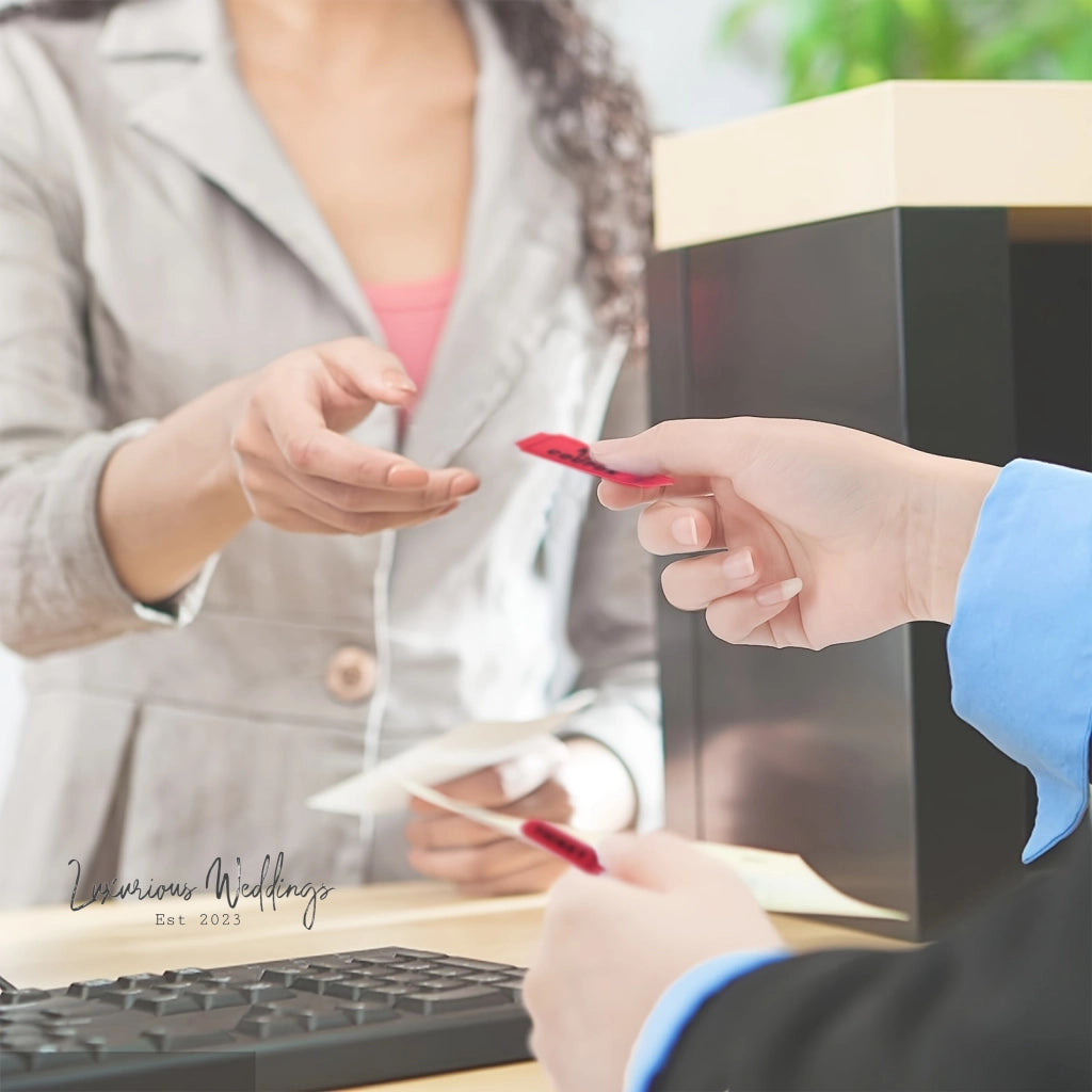 a woman is handing another woman a piece of paper