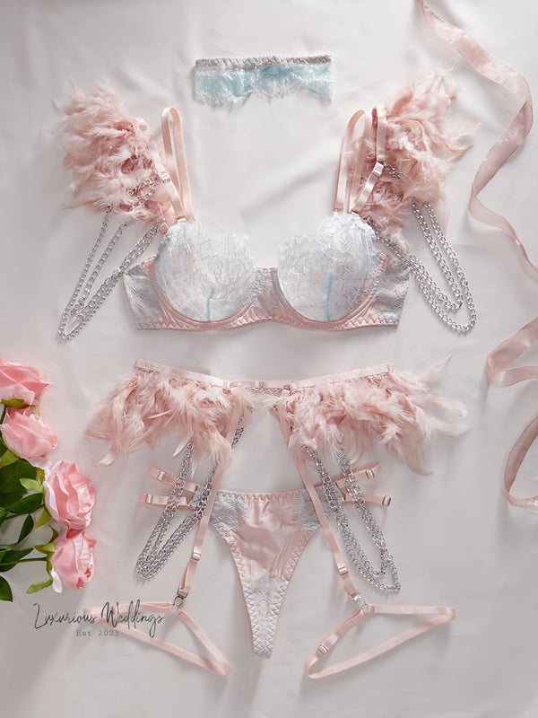 Ultimate Seduction: Feather Lingerie Set - Lace Bra, Thong, and Garter Belt Luxurious Weddings