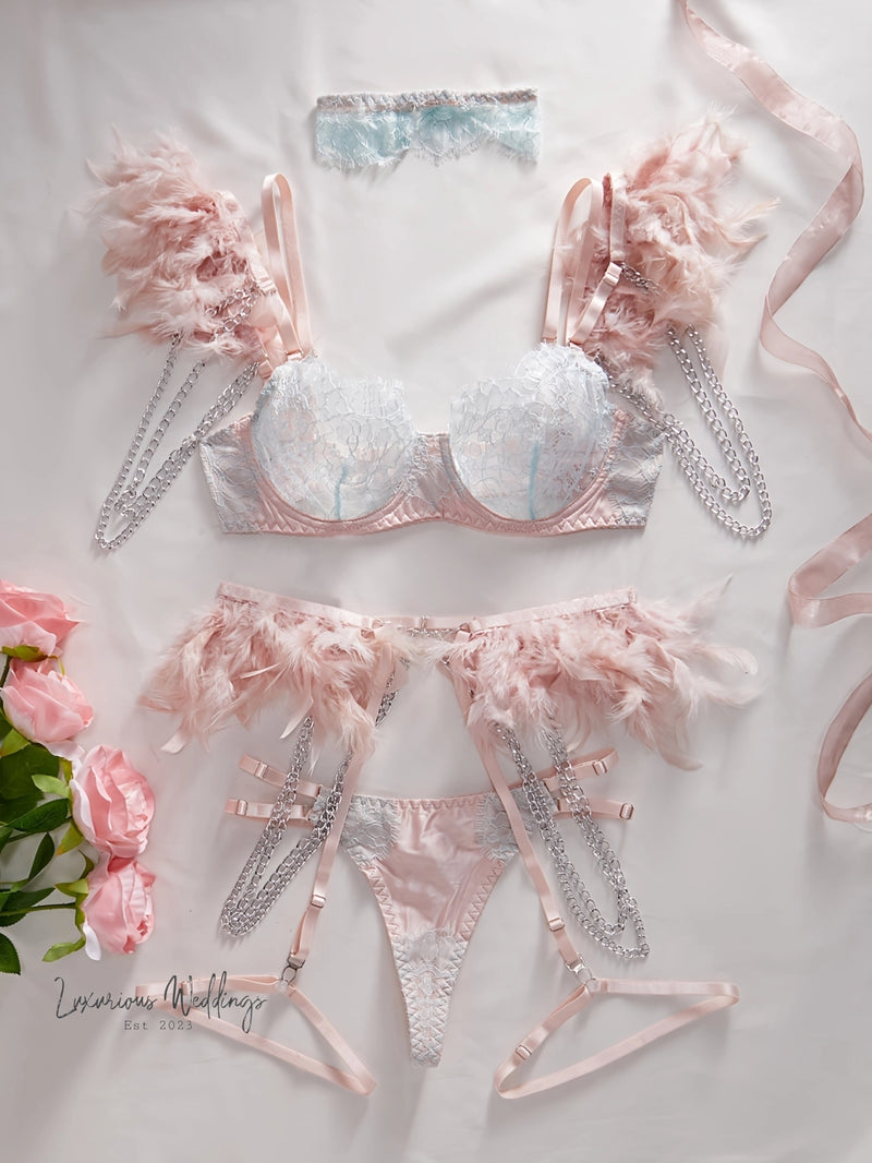 3PC: Feather Lingerie Set bridal lingerie Luxurious Weddings