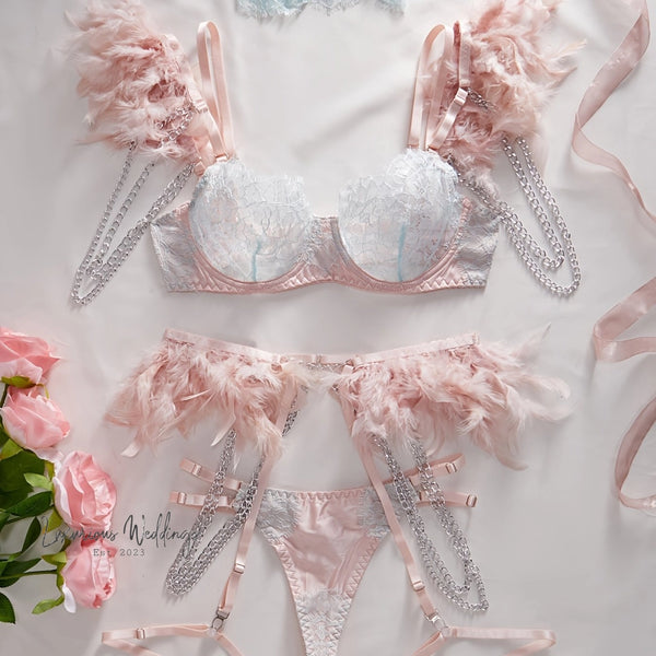 Ultimate Seduction: Feather Lingerie Set - Lace Bra, Thong, and Garter Belt Luxurious Weddings