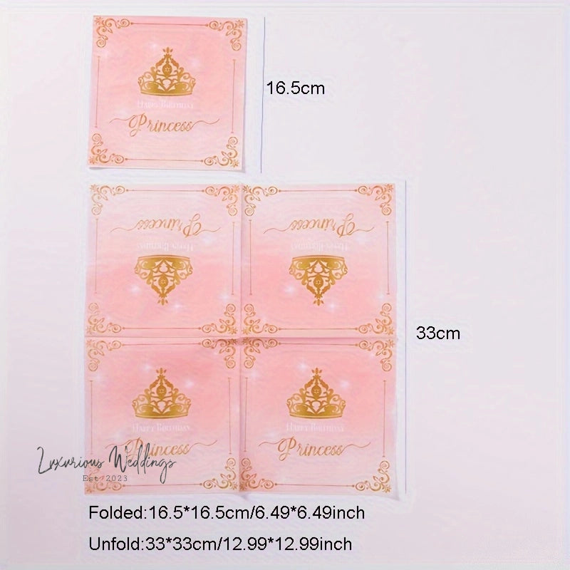 a set of four pink and gold princess themed napkins
