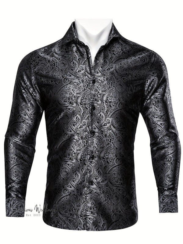 Stylish Men's Grey Paisley Dress Shirt - Formal & Elegant Jacquard Floral Button Up Luxurious Weddings