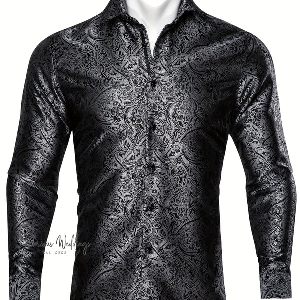 Stylish Men's Grey Paisley Dress Shirt - Formal & Elegant Jacquard Floral Button Up Luxurious Weddings