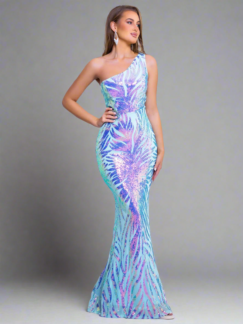 Blue Green One Shoulder Sequin Party Dress Sequin Dress Luxurious Weddings