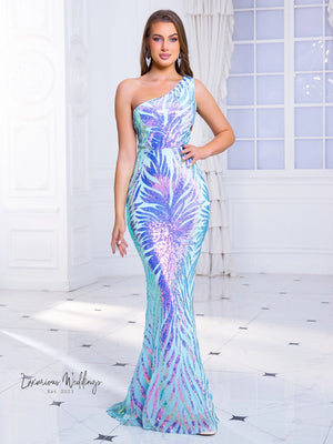 Blue Green One Shoulder Sequin Party Dress Luxurious Weddings