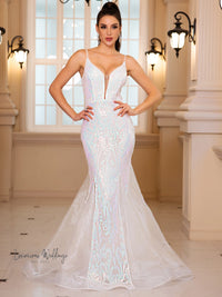 White Sequined Mermaid Wedding Party Dress Luxurious Weddings