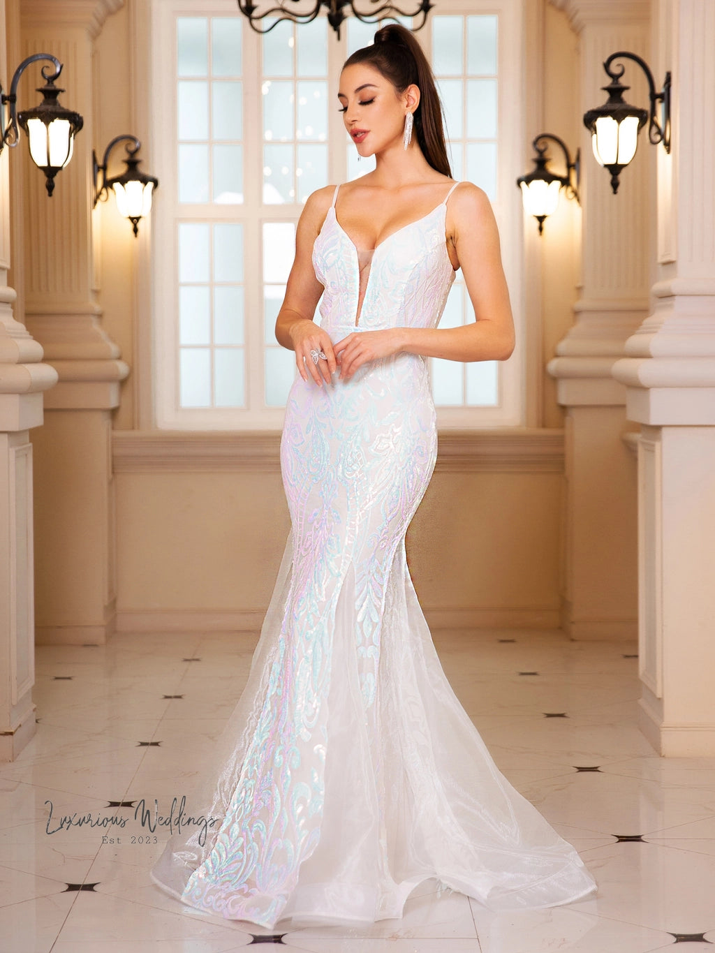 White Sequined Mermaid Wedding Party Dress Luxurious Weddings