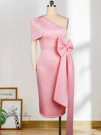 Pink One Shoulder Dress with Bowtie Waist Belt Luxurious Weddings