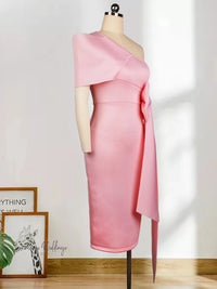 Pink One Shoulder Dress with Bowtie Waist Belt Luxurious Weddings