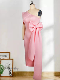 Pink One Shoulder Dress with Bowtie Waist Belt Luxurious Weddings