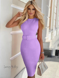 a beautiful blonde woman in a purple dress