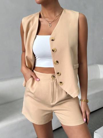 Women's Fashionable Solid Color Button Decorated Sleeveless Vest And Shorts Set