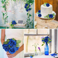a collage of photos with blue flowers and greenery
