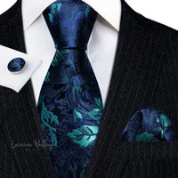 Barry·Wang Blue Green Teal Leaves Neck Tie Set By Luxurious Luxurious Weddings